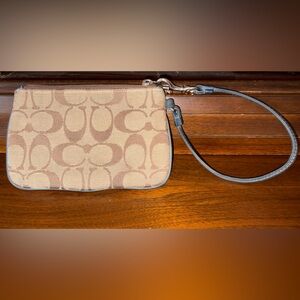 Coach Wristlet Small Tan and Brown Signature Monogram with Blue Leather Trim
